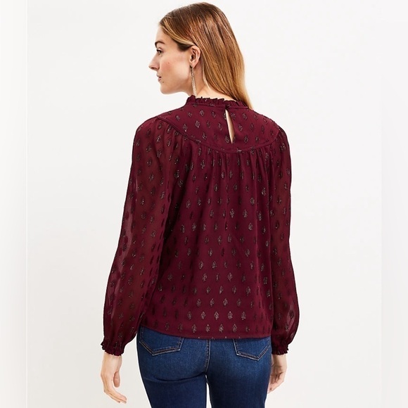 LOFT Maroon Geo Clip Pleated Yoke Blouse Size XL NWT - Picture 6 of 6